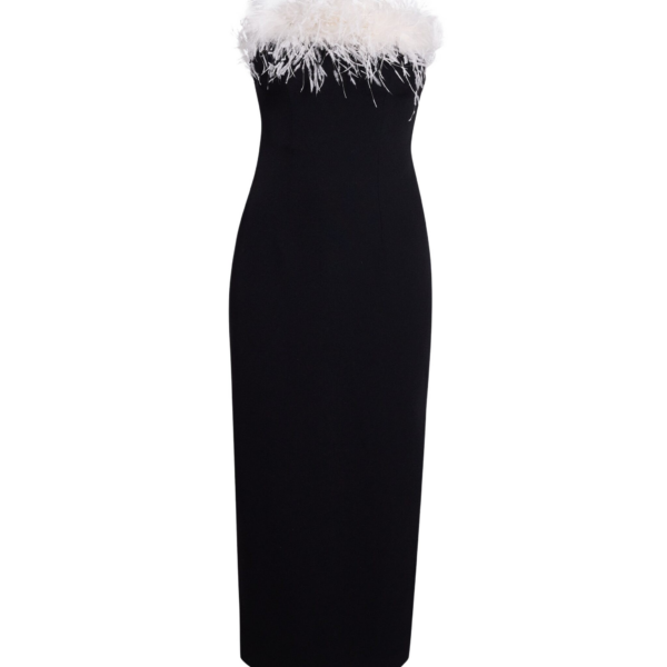 Safiyaa Aerine Midi Dress in Black with Feathers - Dresses - Demi-Couture Evening Wear at Coveti