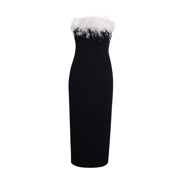 Safiyaa Aerine Midi Dress in Black with Feathers - Dresses - Demi-Couture Evening Wear at Coveti