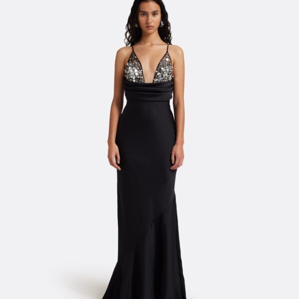 Safiyaa Asia Long Dress in Black with Crystal Embroidery - Dresses - Demi-Couture Evening Wear at Coveti