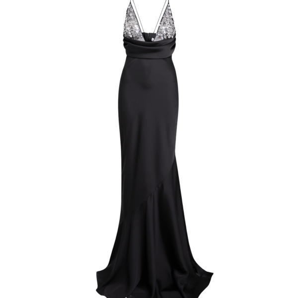 Safiyaa Asia Long Dress in Black with Crystal Embroidery - Dresses - Demi-Couture Evening Wear at Coveti