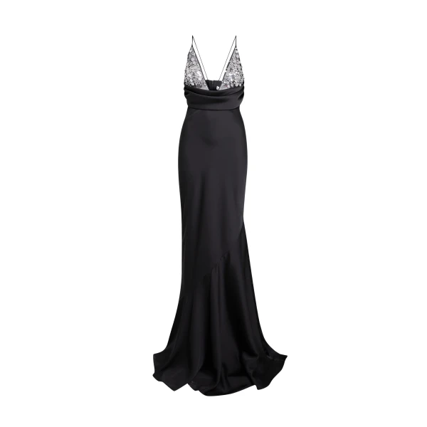 Safiyaa Asia Long Dress in Black with Crystal Embroidery - Dresses - Demi-Couture Evening Wear at Coveti