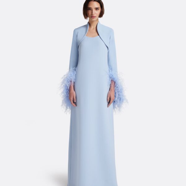 Safiyaa Elise Harness with Maddison Long Dress in Soft Sky with Feathers - Dresses - Demi-Couture Evening Wear at Coveti