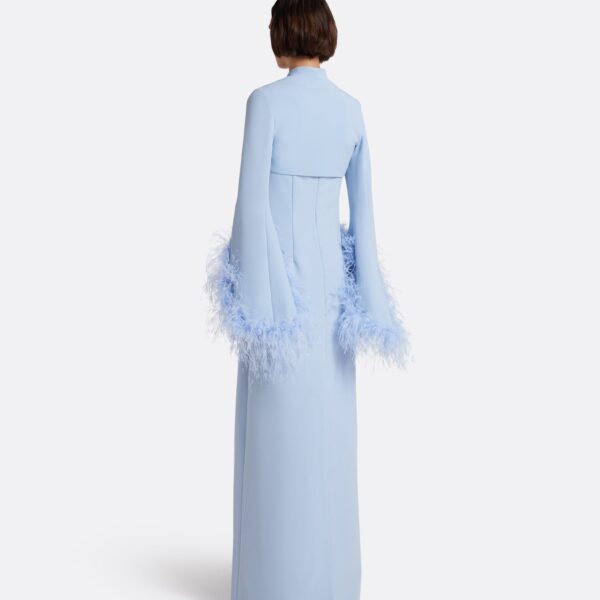 Safiyaa Elise Harness with Maddison Long Dress in Soft Sky with Feathers - Dresses - Demi-Couture Evening Wear at Coveti