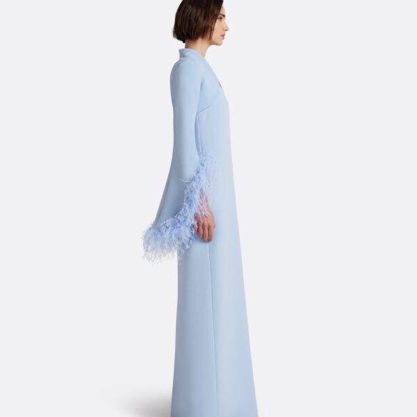 Safiyaa Elise Harness with Maddison Long Dress in Soft Sky with Feathers - Dresses - Demi-Couture Evening Wear at Coveti
