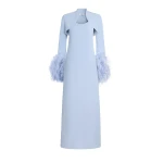 Safiyaa Elise Harness with Maddison Long Dress in Soft Sky with Feathers - Dresses - Demi-Couture Evening Wear at Coveti