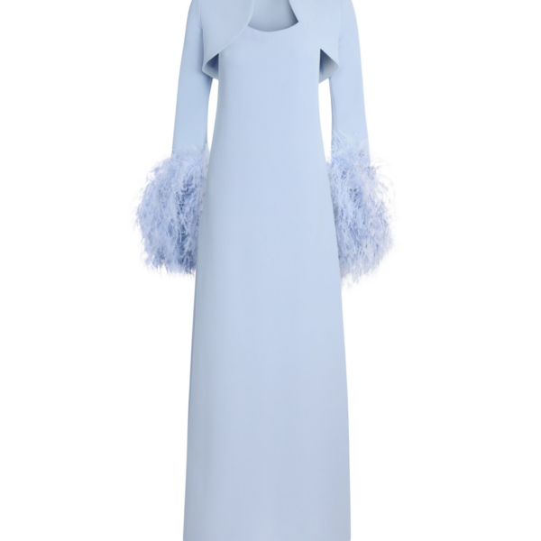 Safiyaa Elise Harness with Maddison Long Dress in Soft Sky with Feathers - Dresses - Demi-Couture Evening Wear at Coveti