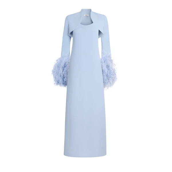 Safiyaa Elise Harness with Maddison Long Dress in Soft Sky with Feathers - Dresses - Demi-Couture Evening Wear at Coveti
