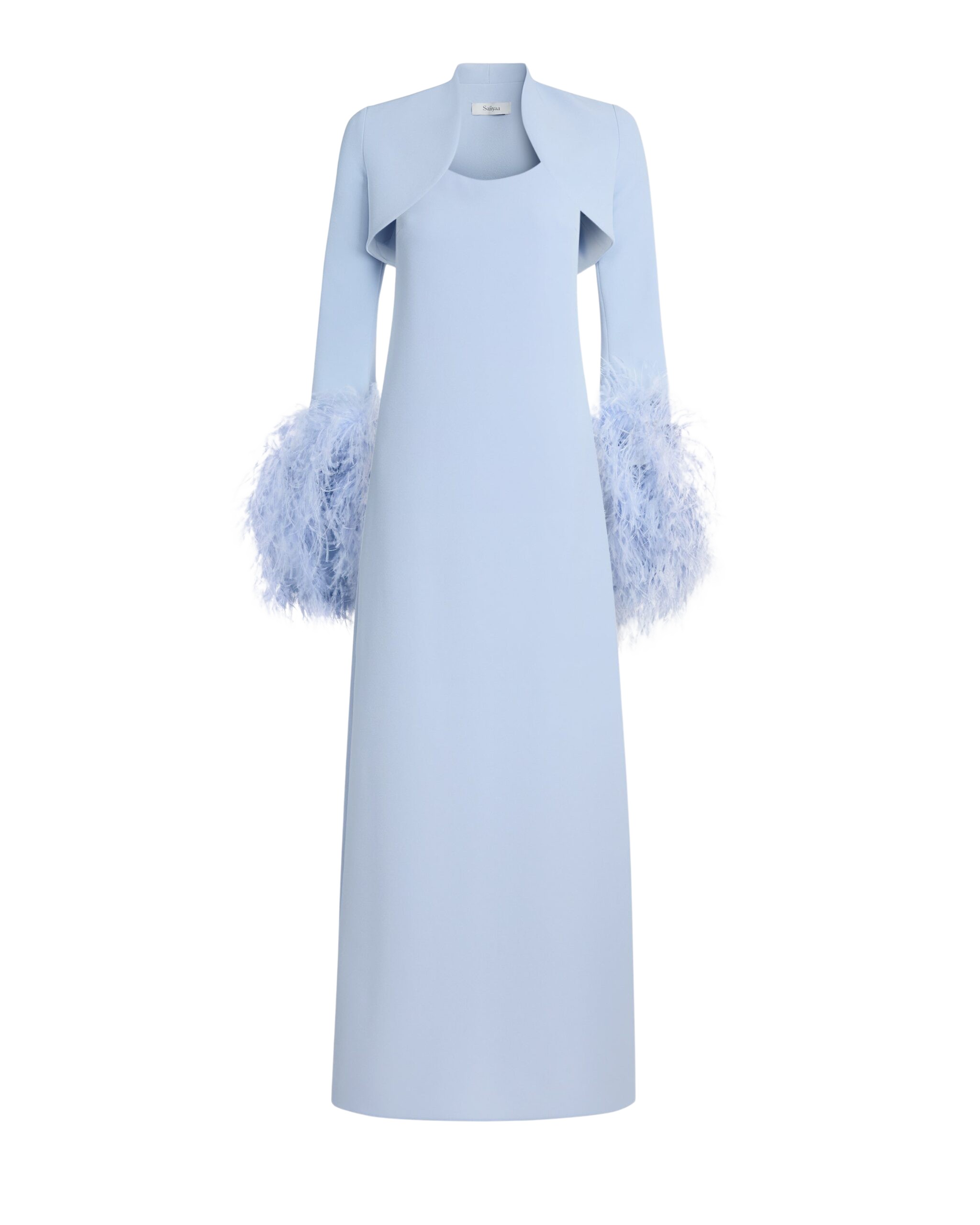 Safiyaa Elise Harness with Maddison Long Dress in Soft Sky with Feathers - Dresses - Demi-Couture Evening Wear at Coveti