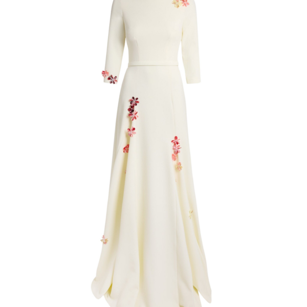 Safiyaa Emilia Long Dress in Sorbet with Pink Embroidery - Dresses - Demi-Couture Evening Wear at Coveti
