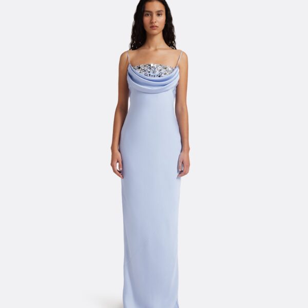 Safiyaa Jules Long Dress in Soft Sky with Crystal Embellishment - Dresses - Demi-Couture Evening Wear at Coveti