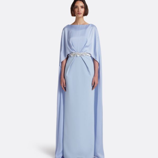 Safiyaa Mirabella Long Dress in Soft Sky with Embellished Belt - Dresses - Demi-Couture Evening Wear at Coveti