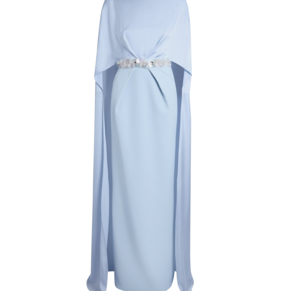Safiyaa Mirabella Long Dress in Soft Sky with Embellished Belt - Dresses - Demi-Couture Evening Wear at Coveti