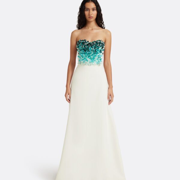 Safiyaa Siena Long Dress in Ivory with Blue Embroidery - Dresses - Demi-Couture Evening Wear at Coveti