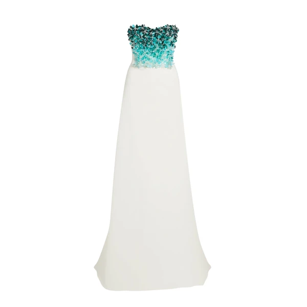 Safiyaa Siena Long Dress in Ivory with Blue Embroidery - Dresses - Demi-Couture Evening Wear at Coveti