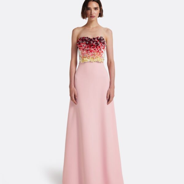 Safiyaa Siena Long Dress in Lychee with Pink Embroidery - Dresses - Demi-Couture Evening Wear at Coveti