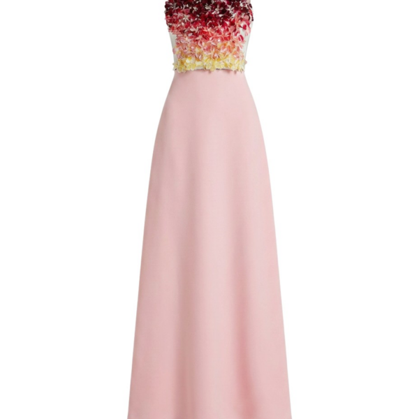 Safiyaa Siena Long Dress in Lychee with Pink Embroidery - Dresses - Demi-Couture Evening Wear at Coveti