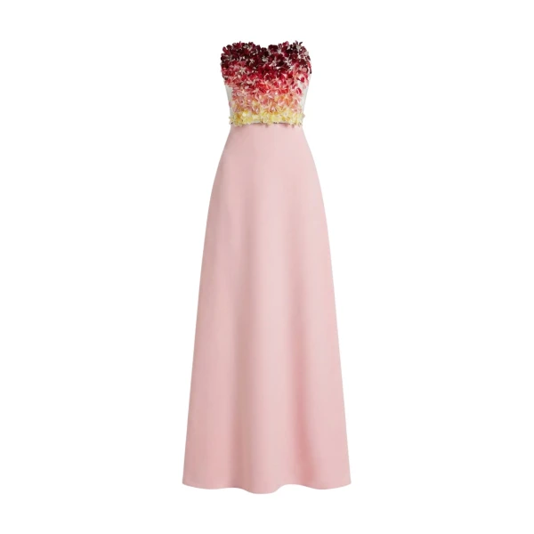Safiyaa Siena Long Dress in Lychee with Pink Embroidery - Dresses - Demi-Couture Evening Wear at Coveti