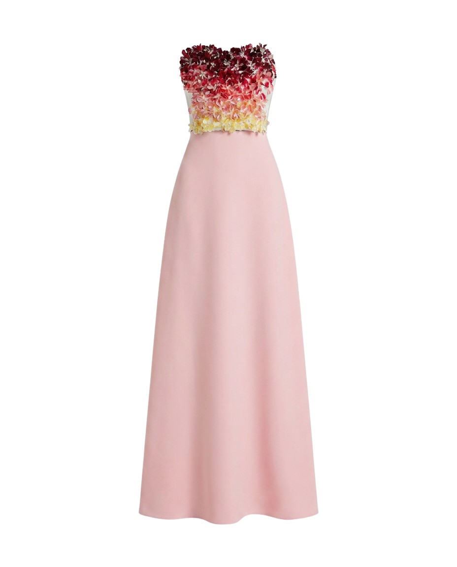 Safiyaa Siena Long Dress in Lychee with Pink Embroidery - Dresses - Demi-Couture Evening Wear at Coveti