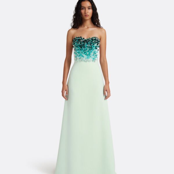 Safiyaa Siena Long Dress in Sea Glass with Blue Embroidery - Dresses - Demi-Couture Evening Wear at Coveti