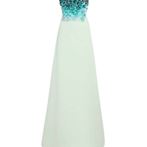 Safiyaa Siena Long Dress in Sea Glass with Blue Embroidery - Dresses - Demi-Couture Evening Wear at Coveti