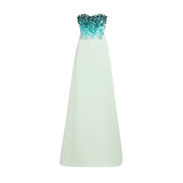 Safiyaa Siena Long Dress in Sea Glass with Blue Embroidery - Dresses - Demi-Couture Evening Wear at Coveti