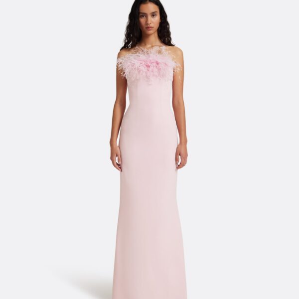 Safiyaa Soshin Long Dress in Lychee with Feathers - Dresses - Demi-Couture Evening Wear at Coveti