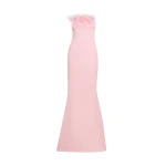 Safiyaa Soshin Long Dress in Lychee with Feathers - Dresses - Demi-Couture Evening Wear at Coveti