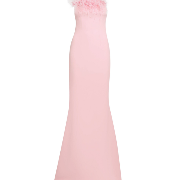 Safiyaa Soshin Long Dress in Lychee with Feathers - Dresses - Demi-Couture Evening Wear at Coveti
