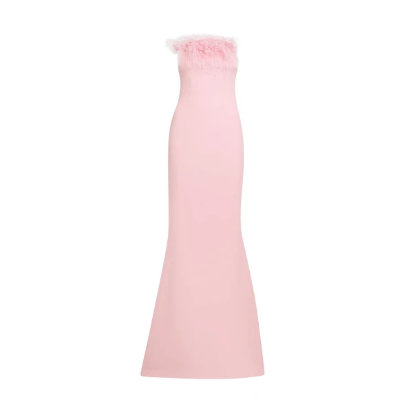 Safiyaa Soshin Long Dress in Lychee with Feathers - Dresses - Demi-Couture Evening Wear at Coveti