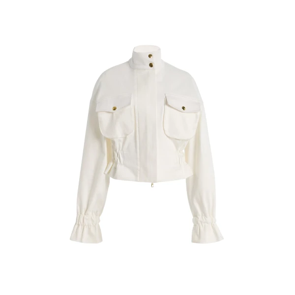 White Cropped Silk Faille Utility Jacket (White)