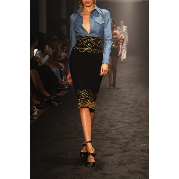 Embroidered Corset Wool Crepe Pencil Skirt