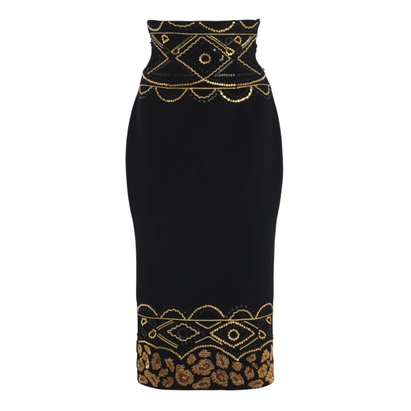 Black Embroidered Corset Wool Crepe Pencil Skirt