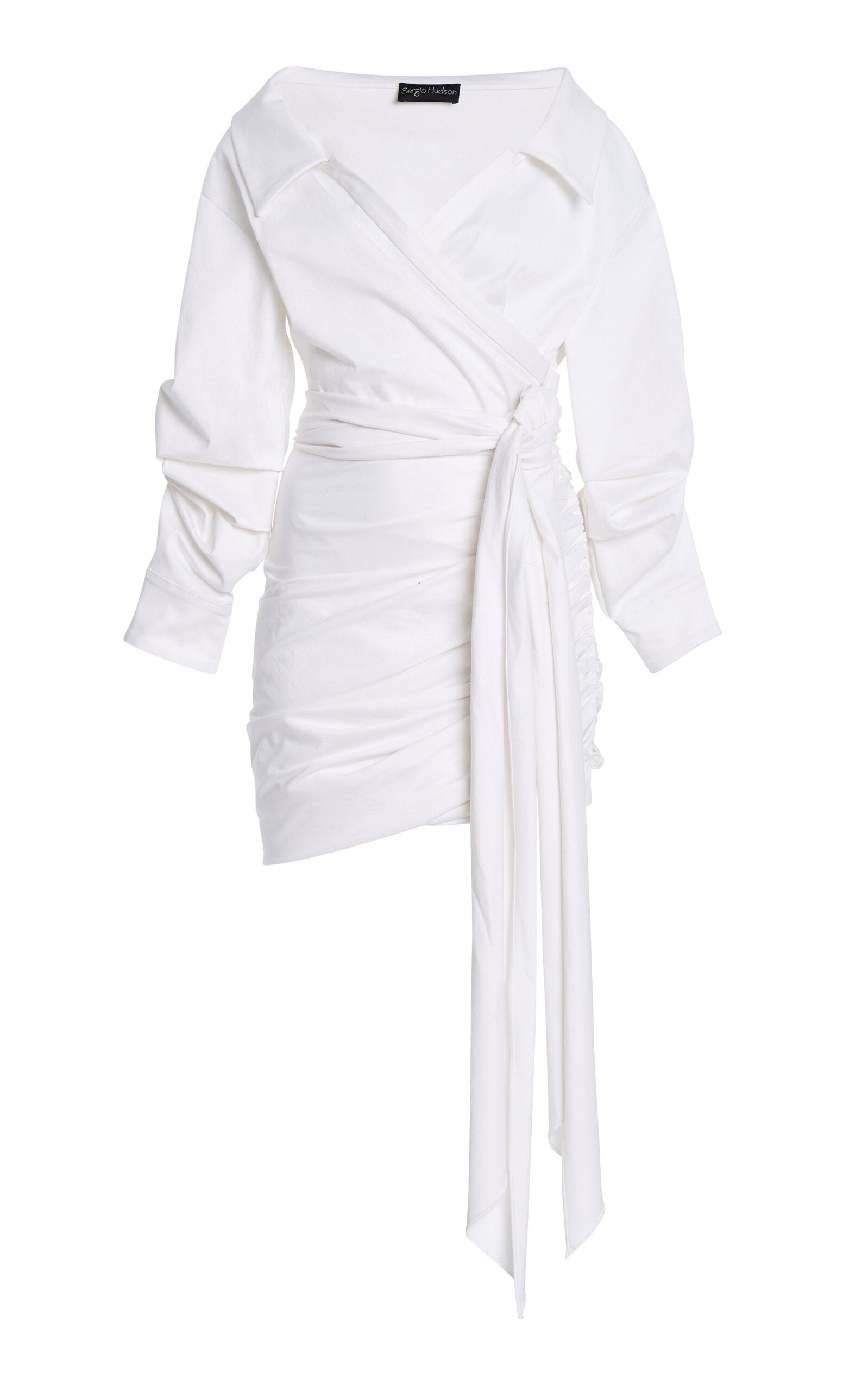 White Ruched Cotton-Tie Shirt Dress