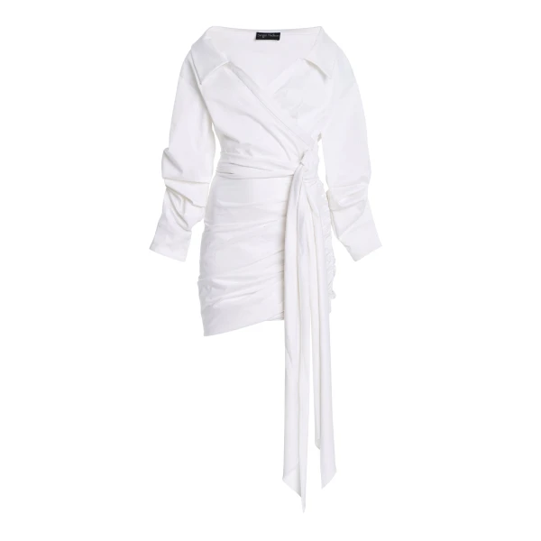 White Ruched Cotton-Tie Shirt Dress