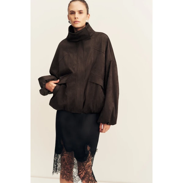 Shona Joy Ernest Funnel Neck Faux Suede Bomber Jacket - Jackets - Australian Luxury Eventwear at Coveti