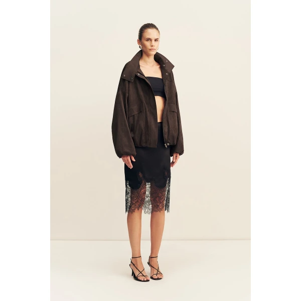Shona Joy Ernest Funnel Neck Faux Suede Bomber Jacket - Jackets - Australian Luxury Eventwear at Coveti