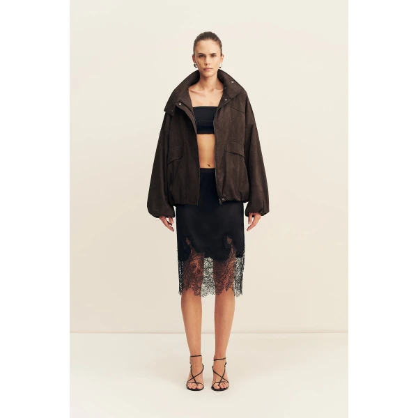Shona Joy Ernest Funnel Neck Faux Suede Bomber Jacket - Jackets - Australian Luxury Eventwear at Coveti