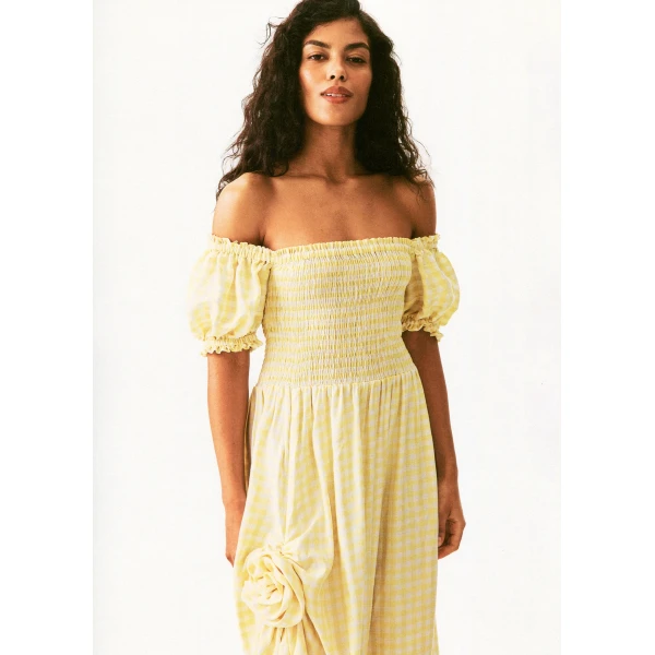 belle linen dress with rose in yellow vichy