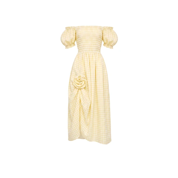 The Sleeper Belle Linen Dress with Rose in Yellow vichy