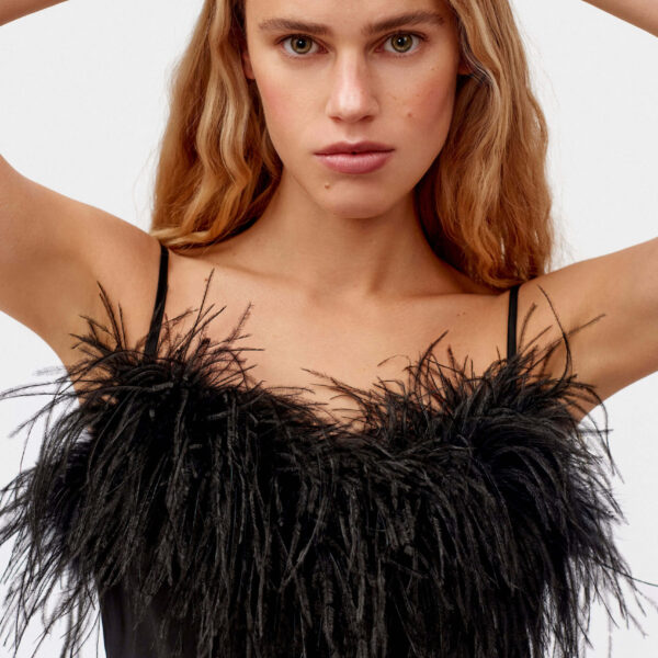 boheme mini slip dress with feathers in black