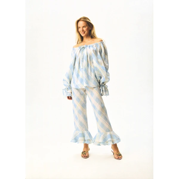 cha-cha linen lounge pants with headscarf in blue plaid
