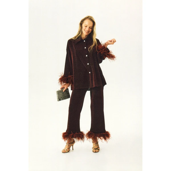cosmos oversized lurex pajama set in burgundy
