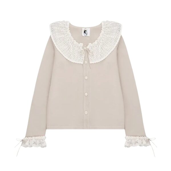 Malena Knitted Cardigan with Lace Collar in Beige