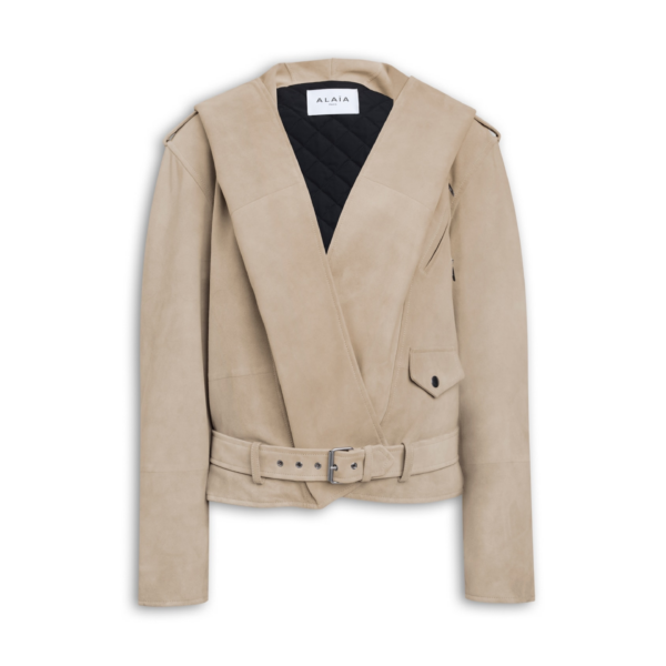 Alaïa Suede Hooded Biker Jacket - ALAÏA Jackets - Laser Cut Luxury - Shop at Coveti