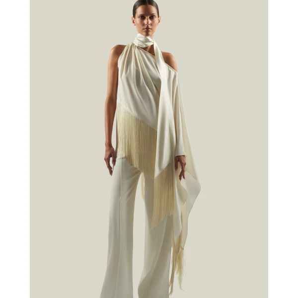 Taller Marmo Fringed Atlas Blouse - Tops - Italian Luxury Evening Wear at Coveti