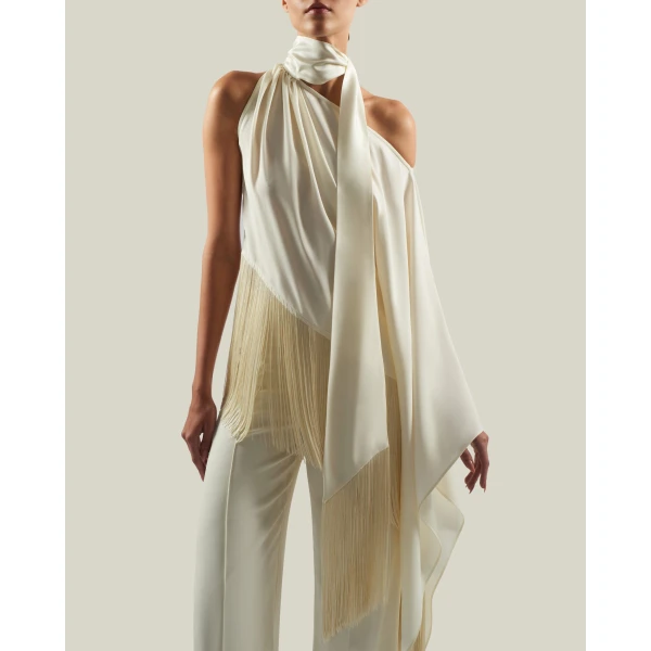 Taller Marmo Fringed Atlas Blouse - Tops - Italian Luxury Evening Wear at Coveti