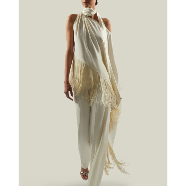 Taller Marmo Fringed Atlas Blouse - Tops - Italian Luxury Evening Wear at Coveti