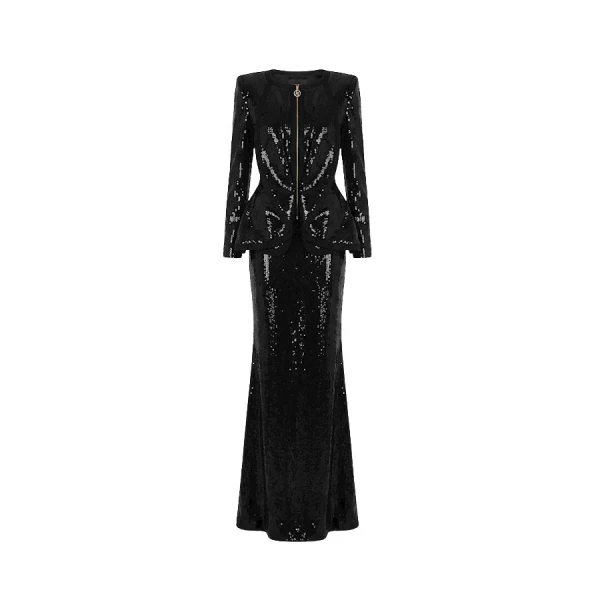 Tony Ward Black Sequin Skirt and Jacket Set - Jackets - Lebanese Luxury Evening Wear at Coveti
