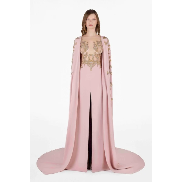 Tony Ward Blush Gold Structured Cape Gown - Dresses - Lebanese Luxury Evening Wear at Coveti