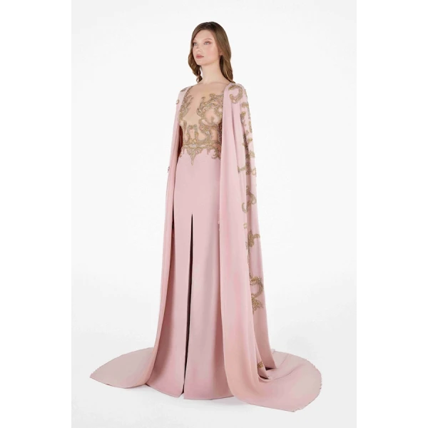 Tony Ward Blush Gold Structured Cape Gown - Dresses - Lebanese Luxury Evening Wear at Coveti